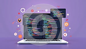 Laptop displaying code with colorful syntax and app icons, representing software development