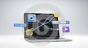 Laptop displaying code with debugging and search icons