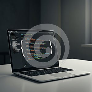 Laptop displaying code in a dimly lit setting. The screen shows a text editor with