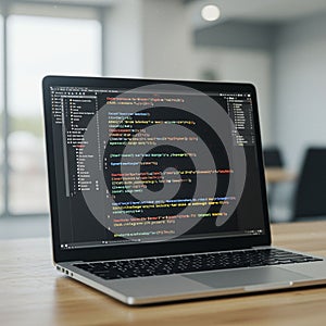 Laptop displaying a code editor with colorful syntax highlighting, featuring various
