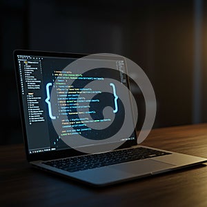 Laptop displaying a code editor with colorful syntax highlighting on its screen, placed
