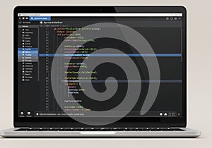 A laptop displaying a code editor