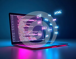 Laptop displaying code with floating programming language icons computer coding