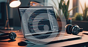 Programming laptop setup for coding and software development with headphones and desk lamp
