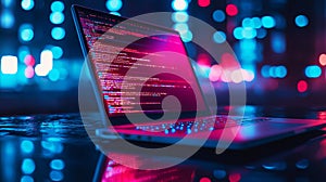 Laptop displaying code with neon lights in a dark environment