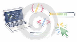 Laptop displaying code with programming icons