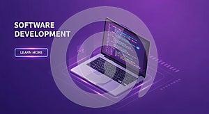 Laptop Displaying Code With Software Development Text And Learn More Button On Purple Background computer