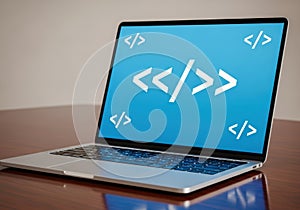 Laptop displaying code symbols on a blue screen