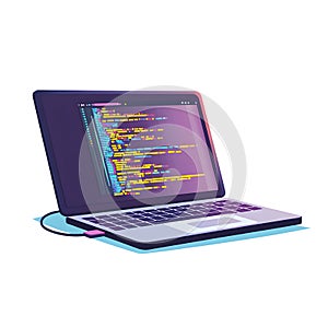 Laptop displaying colorful code on purple screen computer