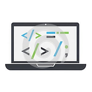 Laptop displaying colorful code symbols