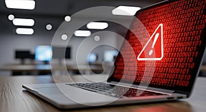 Laptop Displaying Cyber Security Warning and Binary Code in a Server Room