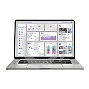 Laptop displaying a dashboard with charts graphs and data visualizations on a black background view