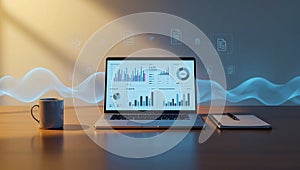 Laptop displaying data analytics with charts and graphs on the screen