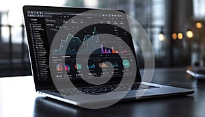 Laptop displaying data analytics dashboard with charts and graphs shown on screen
