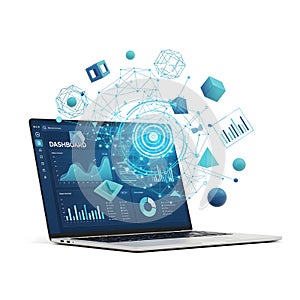 Laptop Displaying Data Analytics Dashboard with 3D Elements, AI Generated