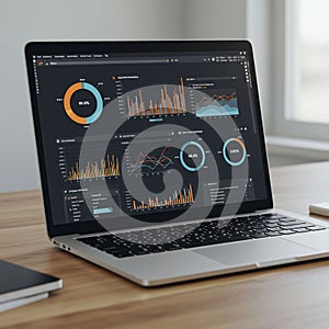 Laptop displaying a data analytics dashboard on its screen, featuring various charts