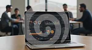 Laptop displaying data analytics dashboard with various charts and graphs, including