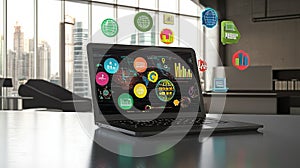Laptop displaying data analytics in modern office