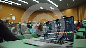 Laptop Displaying Data Graphs in a Lecture Hall