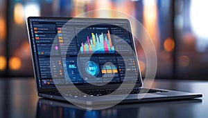 Laptop displaying a data visualization interface with charts and dashboards