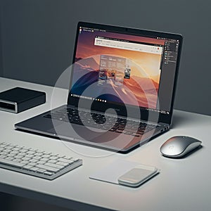 Laptop displaying a desktop computer interface on a table with a wireless keyboard