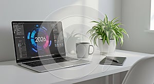 Laptop displaying 2026 digital dashboard workspace