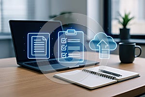 Laptop displaying digital documents and cloud storage icons on a desk computer technology