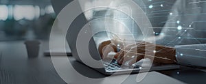 The laptop displaying digital security with hands typing in a modern workspace..AI generated image
