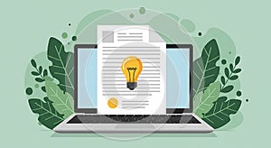 Laptop displaying a document featuring a lightbulb icon symbolizing ideas or