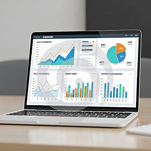 Laptop displaying financial business analytics dashboard with charts and graphs