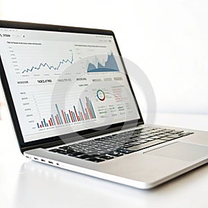 Laptop with financial chart on screen isolated on white background