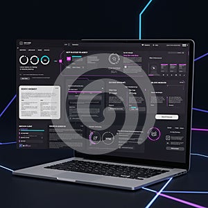 Laptop displaying a futuristic, AI-themed user interface on its screen. The dark mode