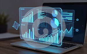 Laptop displaying futuristic data analytics dashboard with graphs