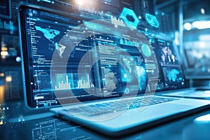 Laptop displaying futuristic global data analysis interface with graphs, charts and world maps