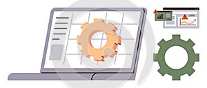 Laptop Screen with Gear and Analytics Data for System Optimization Concept