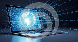 Laptop Displaying Global Network with Binary Code Streams computer technology