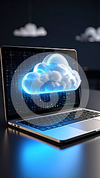 Laptop displaying a glowing cloud computing concept, digital data, and technology.