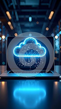 Laptop displaying a glowing cloud icon, symbolizing cloud computing and data storage.