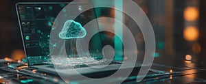 The Laptop Displaying a Holographic Cloud Computing Interface in a Modern Workspace.AI generated image