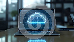 The Laptop Displaying a Holographic Cloud Computing Interface in a Modern Workspace