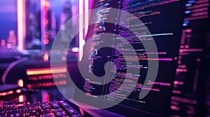 Laptop displaying programming code in cyberpunk city at night