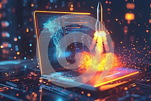 Laptop displaying rocket launch