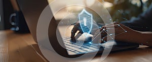 The laptop displaying a security shield emphasizes cybersecurity in the digital age..AI generated image