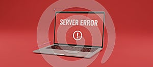 Laptop displaying server error message on red screen