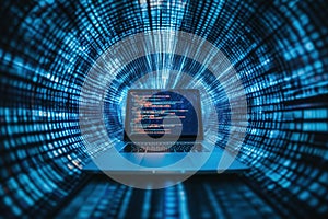 Laptop showing source code inside abstract internet tunnel