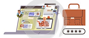 Remote teamwork management with secure access on laptop screen and digital tools