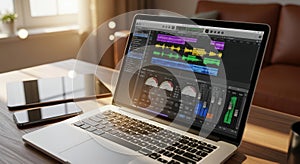 Laptop displaying video editing software interface for content creation and post-production work isolated on white background