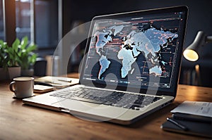 a laptop displaying a world map with data overlays, placed on a desk amidst a serene workspace environment, illustrating the