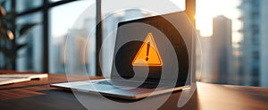 The laptop displays a caution alert in a sunlit modern workspace..AI generated image