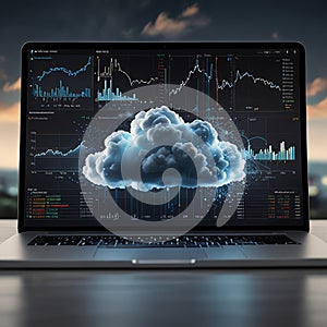 A laptop displays a cloud computing concept with data analysis charts
